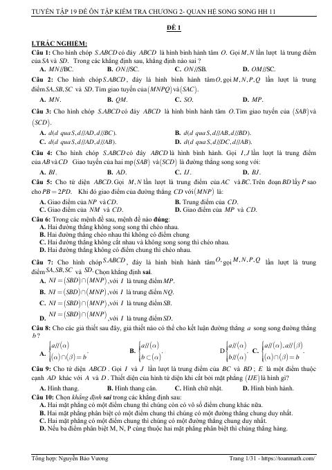 19 đề ôn tập kiểm tra Hình học 11 chương 2 – quan hệ song song